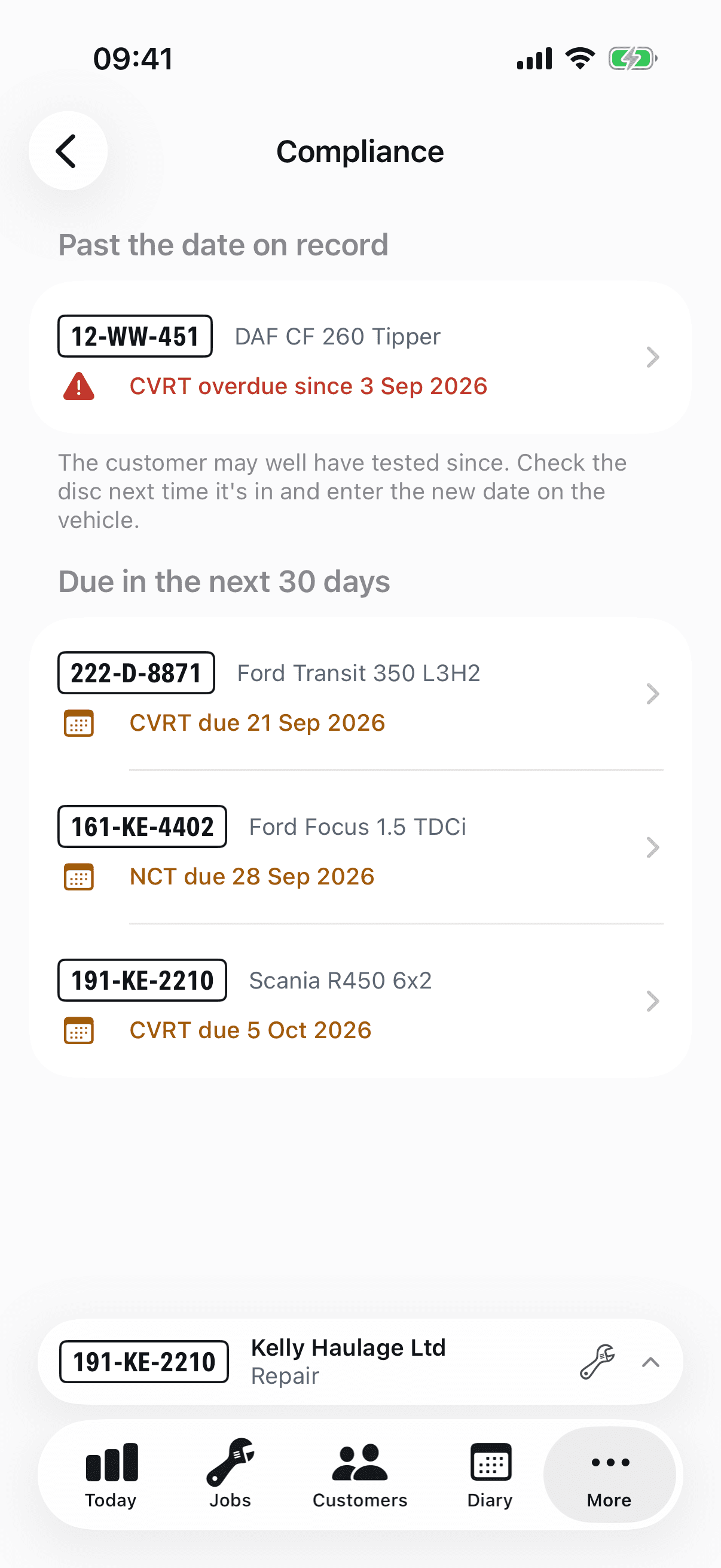 The compliance list on iPhone: one vehicle past its CVRT date in red, three more falling due in amber
