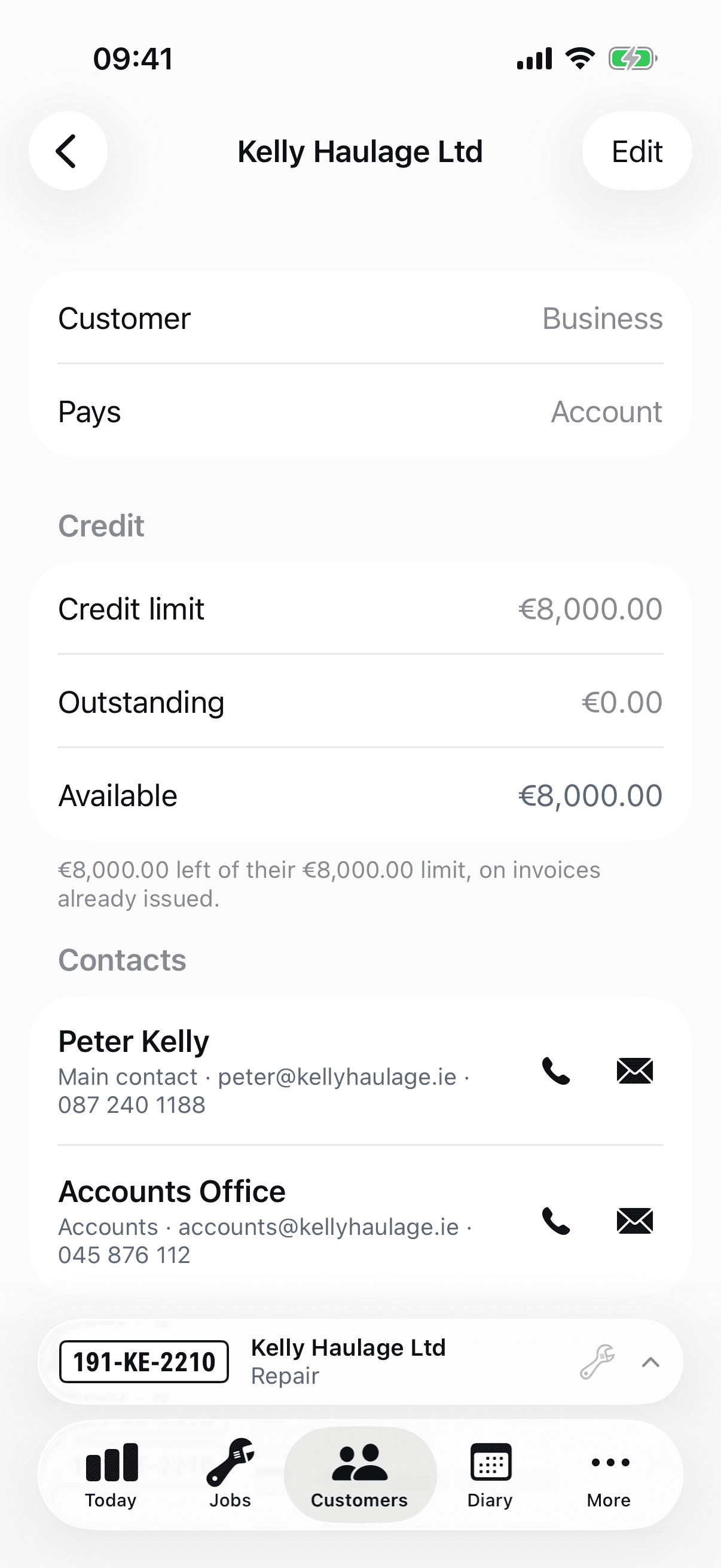 One customer on iPhone: their contacts, their vehicles, what they owe and every job the workshop has done for them