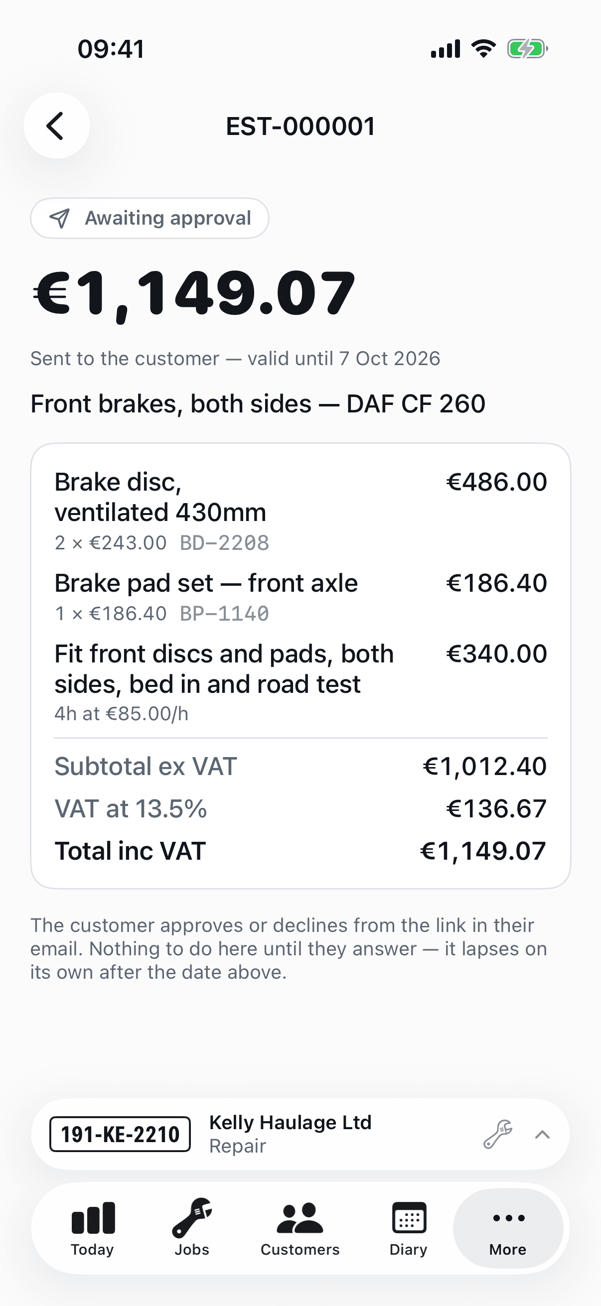 An estimate on iPhone: parts and labour priced line by line, the VAT, and the date it lapses
