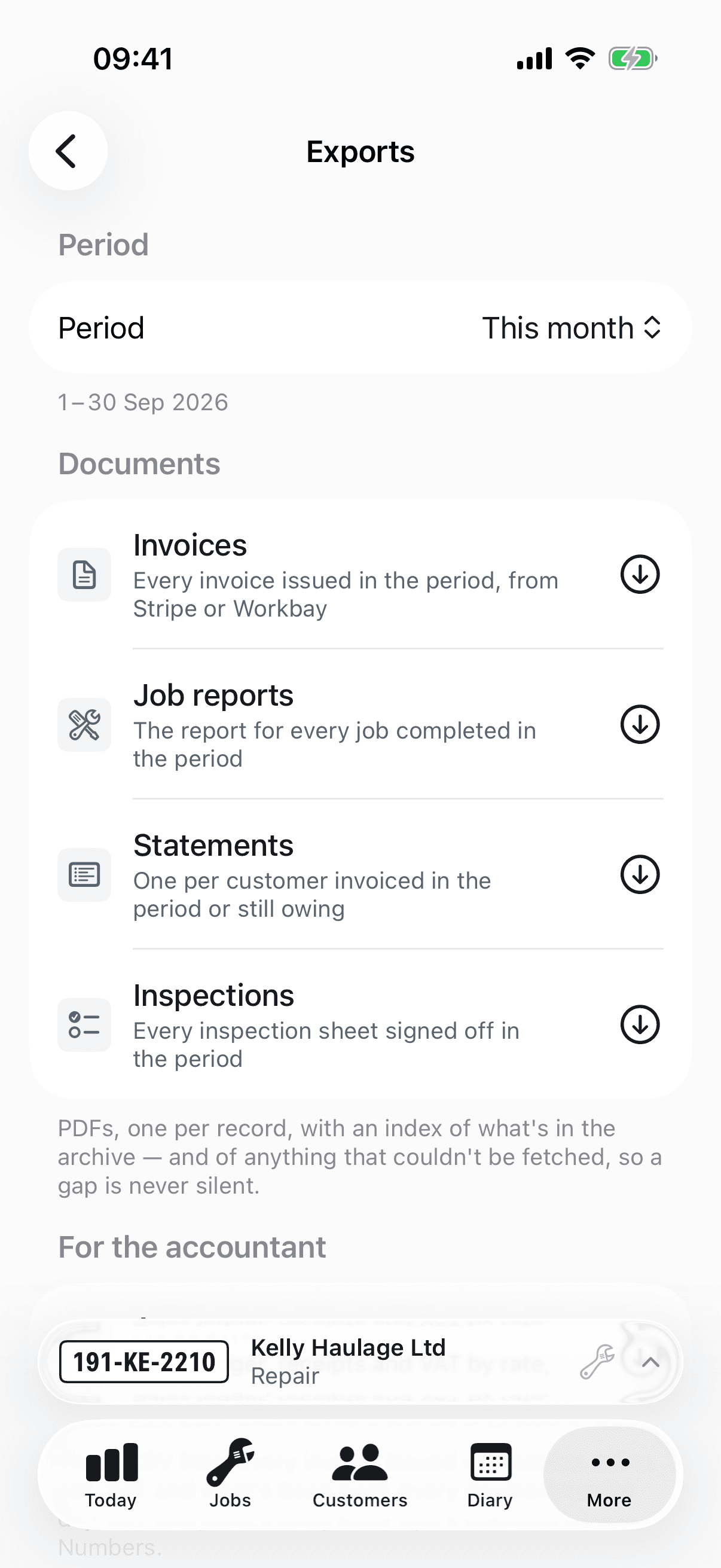 The exports screen on iPhone: invoices, job reports, statements and inspection sheets, zipped for the accountant