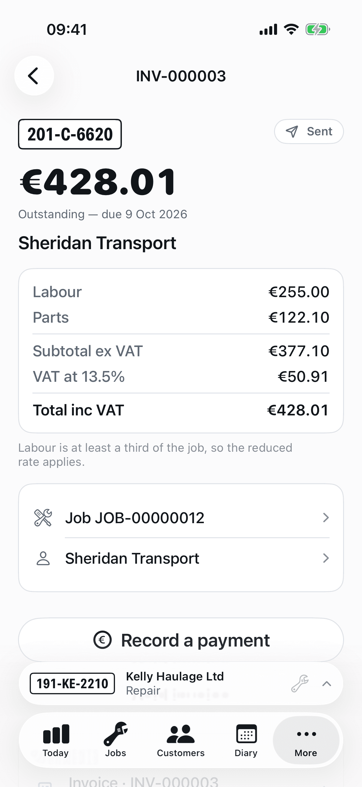 An invoice on iPhone: the total, the labour and parts split, the VAT rate and the sentence saying why that rate applies