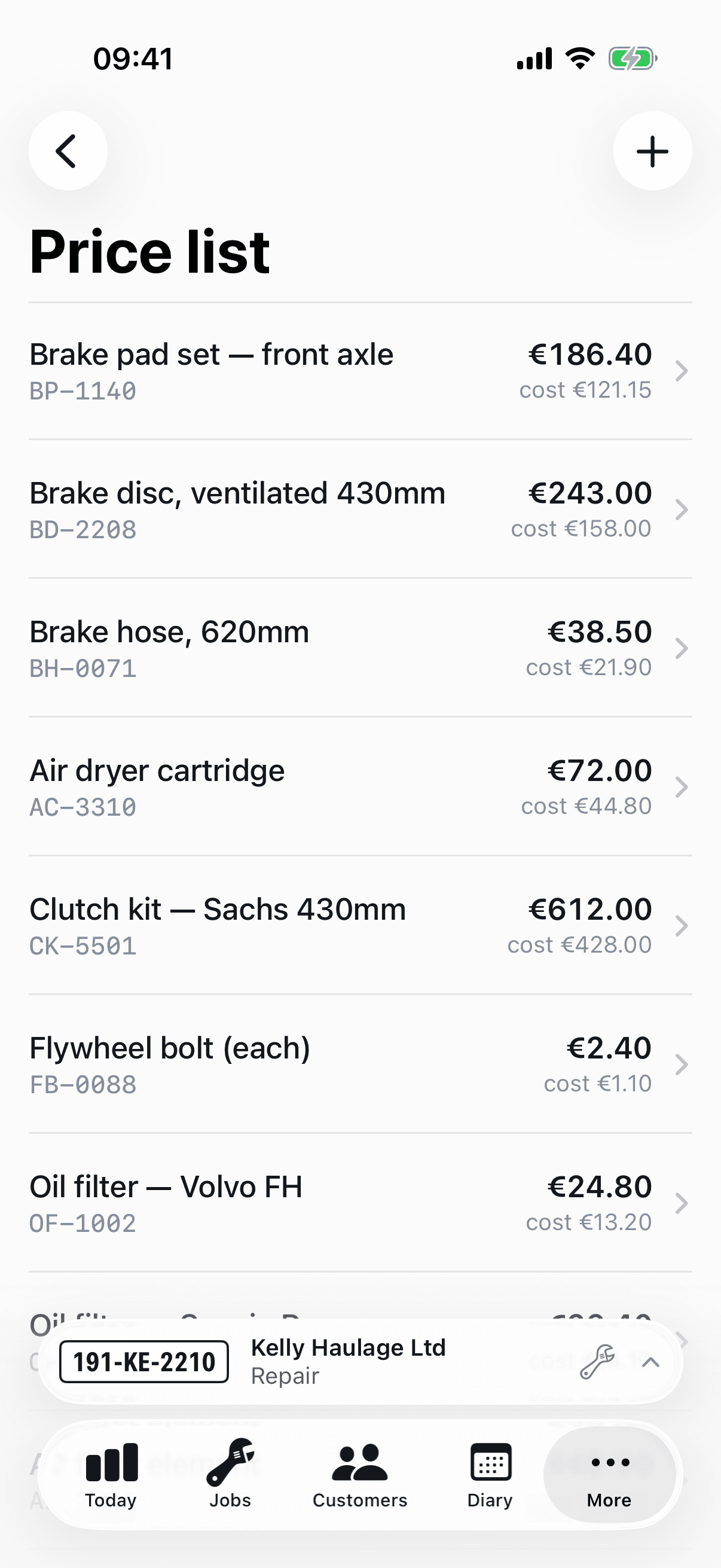The price list on iPhone: each part with its own code, what it costs the workshop and what the customer pays